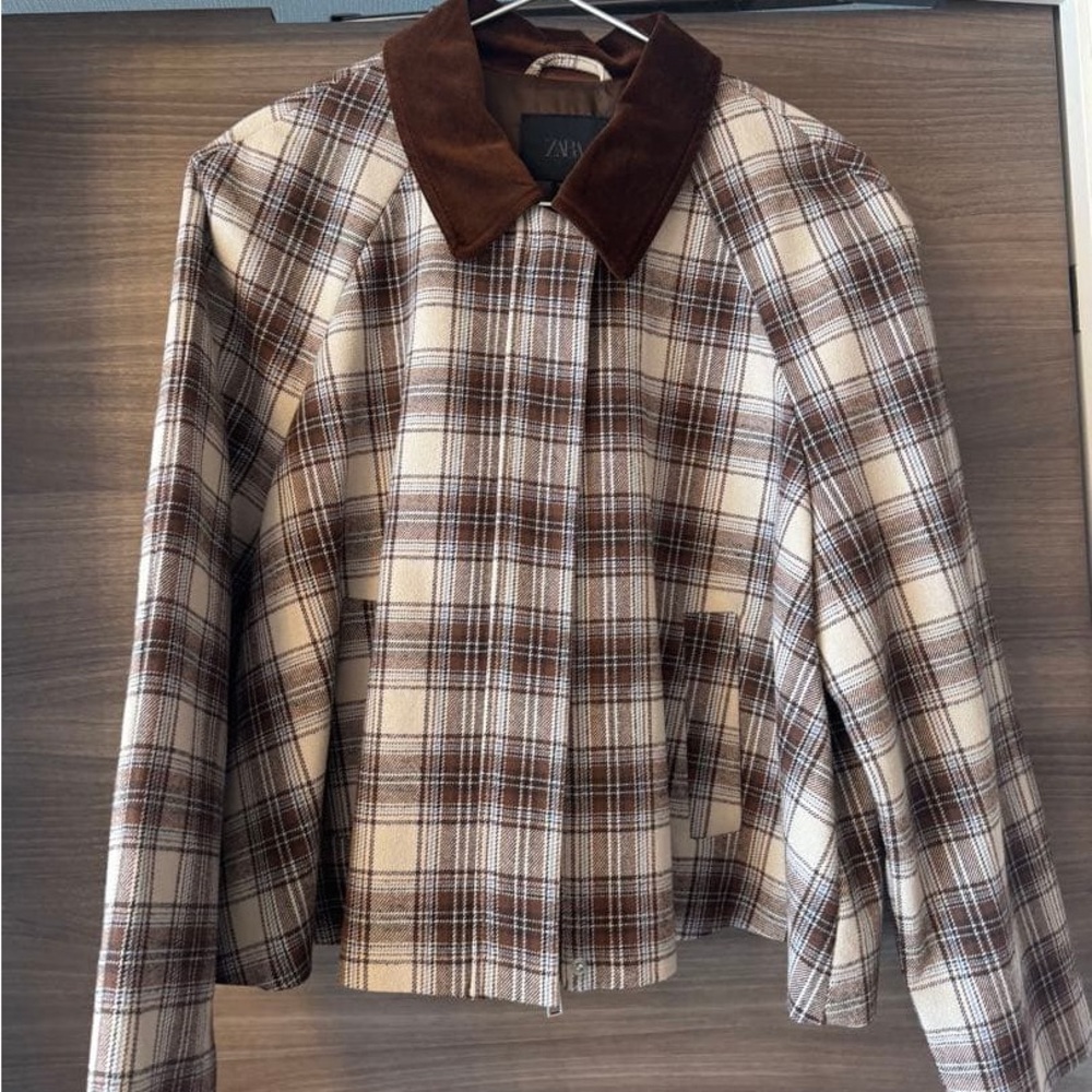 Zara Plaid Bomber Jacket in Brown and Cream with Corduroy Collar - Picture 5 of 5